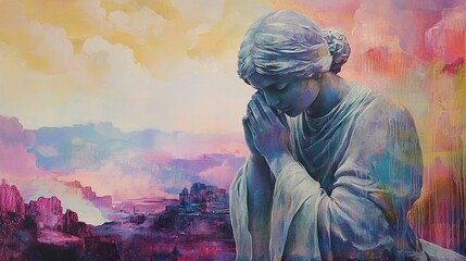 Obraz premium Serene Statue: A Painting of Prayer, Hope, and Faith