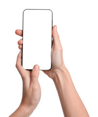 Woman with modern smartphone on white background, closeup