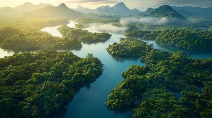 Aerial view of a lush green rainforest with a winding river.