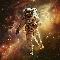 Fototapeta premium An astronaut floats space wearing white space suit clear visor surrounded stunning display stars nebulae gradient blues oranges