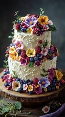 Beautifully decorated three-tier cake adorned with vibrant flowers and fruits