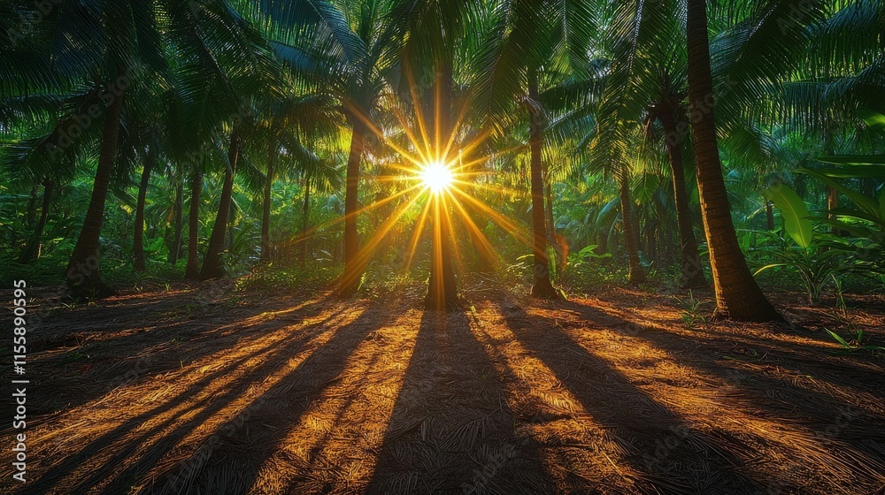 Sticker Mystical sunlight beams through a lush forest during early morning hours