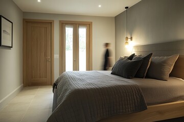 Cozy bedroom with soft lighting, modern decor, and neutral tones