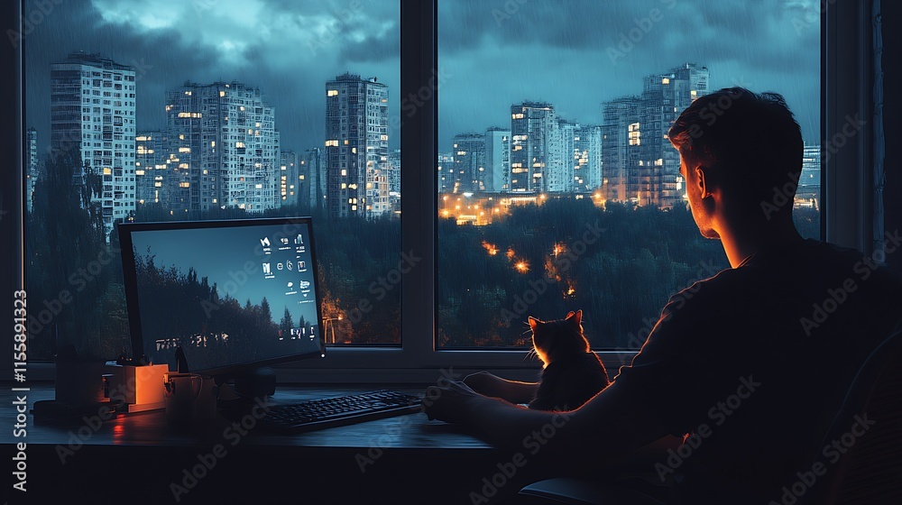 Aufkleber Man and cat overlooking cityscape illuminated at night through window with reflections on desktop screen : Generative AI