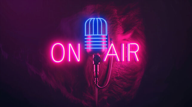Neon sign ON AIR with microphone, banner design for podcast show studio or radio station