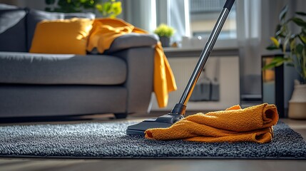 Fototapeta premium Stylish Living Room Vacuum Routine with Warm Sunlight and Cozy Decor : Generative AI