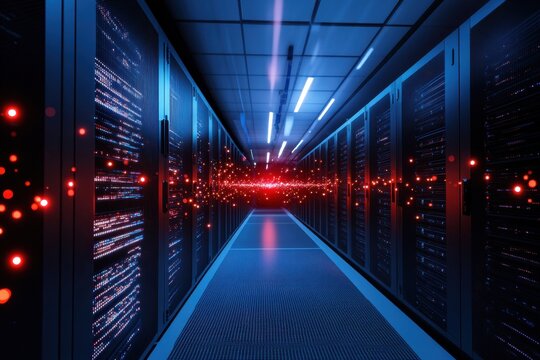 Data center corridor with illuminated servers and digital connections at night
