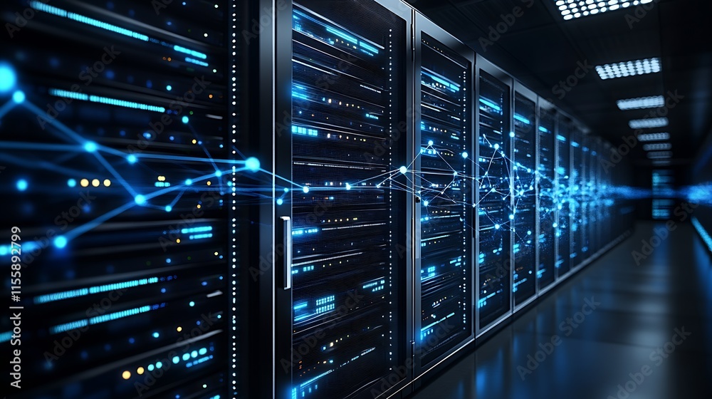 Poster high-tech data server room with connected network cables glowing in blue and purple lights : generat