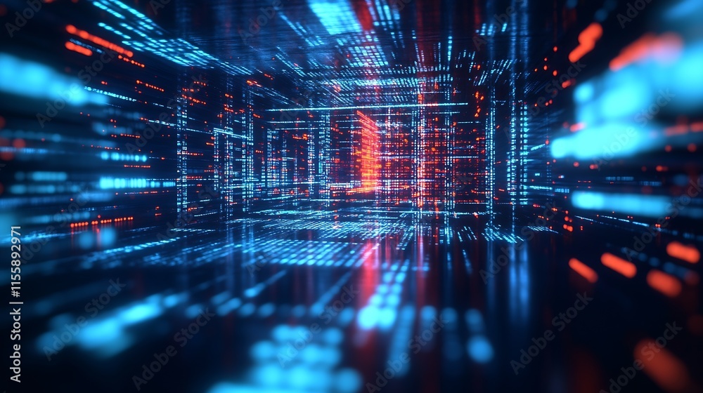 Poster Immersive Cyber World with Blue and Red Pixelated Patterns : Generative AI