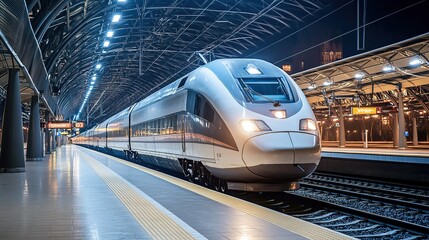 Fototapeta premium Sleek high-speed train awaits departure at modern illuminated st