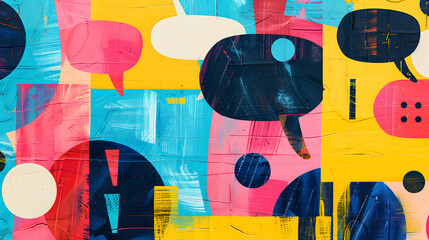 Colorful abstract grunge pop art maximalist painting with bright neon speech bubbles illustration. Vivid bold wall art graffiti, backdrop collage.