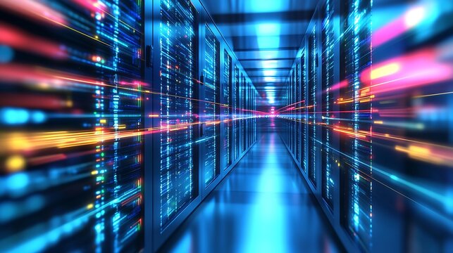 High-speed data transmission in modern server corridor with neon effects : Generative AI