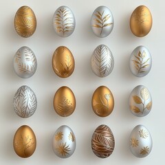Obraz premium Shiny Metallic Easter Eggs Embossed with Nature-Inspired Designs on White Surface - Photorealistic Collection