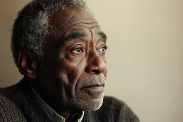 Fototapeta premium A pensive senior man with graying hair gazing thoughtfully into the distance.