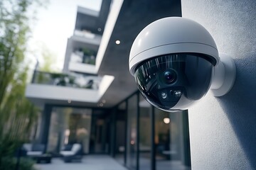Modern Outdoor Security Camera Monitoring a Stylish Smart Home Entrance : Generative AI
