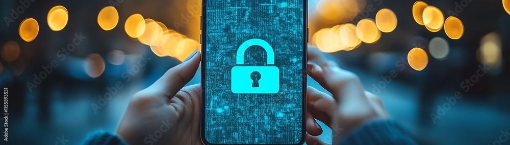Aufkleber Closeup of Hands Holding Smartphone with Digital Lock Symbol for Data Security Concept : Generative AI