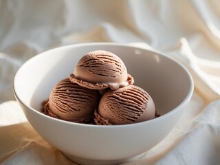 scoops of chocolate ice cream in a white bowl with shadows on a light background