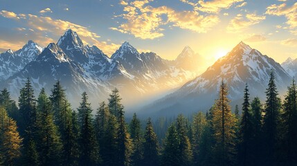 Fototapeta premium Majestic sunrise illuminating snow-capped mountains and a dense evergreen forest.
