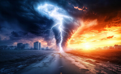 A dramatic tornado with lightning dividing the sky into stormy darkness and fiery sunset, symbolizing chaos and balance. Ideal for weather or disaster themes.