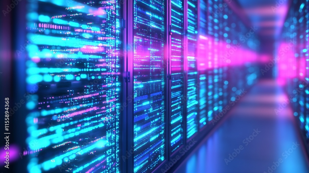Leinwandbilder Neon Digital Corridor in Server Center with Advanced Data Light Display : Generative AI