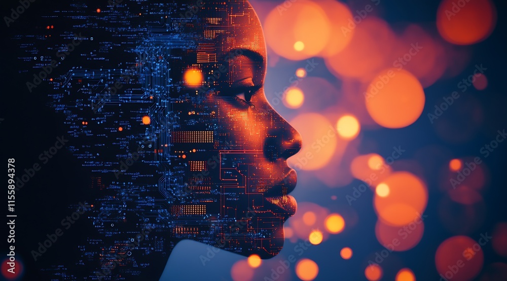 Aufkleber Futuristic AI Concept with Circuitry and Digital Elements in Profile Silhouette : Generative AI