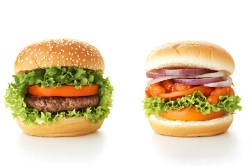 A visual comparison showcasing healthy vegetarian food like fresh vegetables, fruits, and salads on one side and unhealthy processed fast food like burgers, fries, and sugary drinks on the other, high