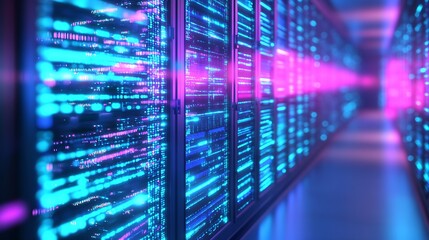 Neon Digital Corridor in Server Center with Advanced Data Light Display : Generative AI