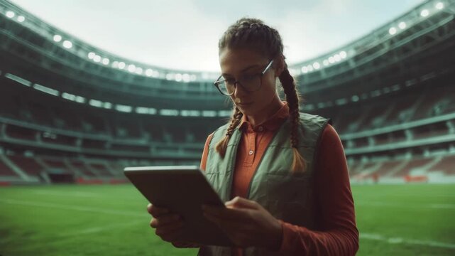 Woman, tablet and casual outfit in large stadium with focus on modern technology. Event management, sports planning and digital tools in professional environment