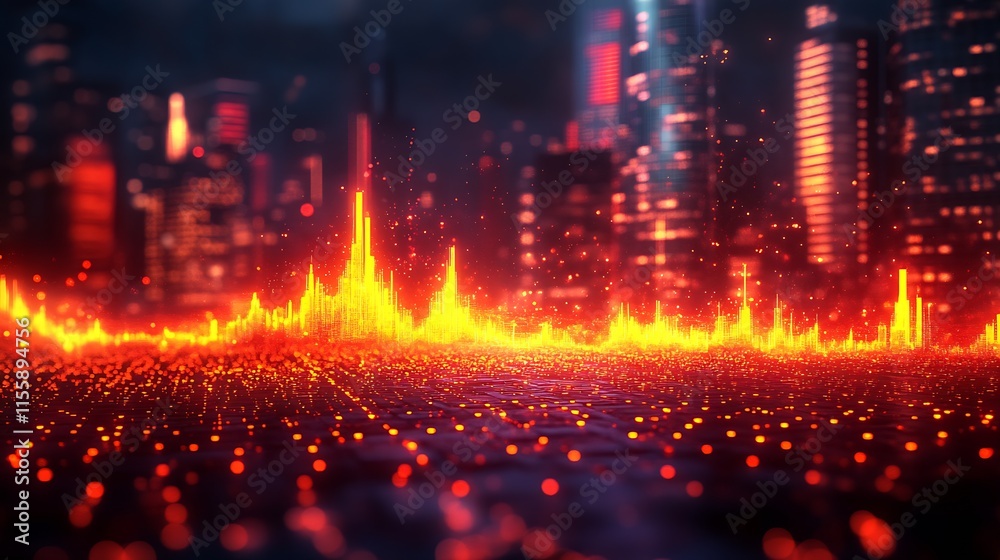 Aufkleber ultramodern city skyline with intense red light waves and digital abstract : generative ai