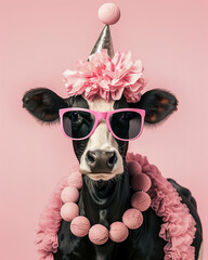 Fashionable cow wearing pink sunglasses, ball necklace and party hat, standing against a pastel background. Funny birthday card 
