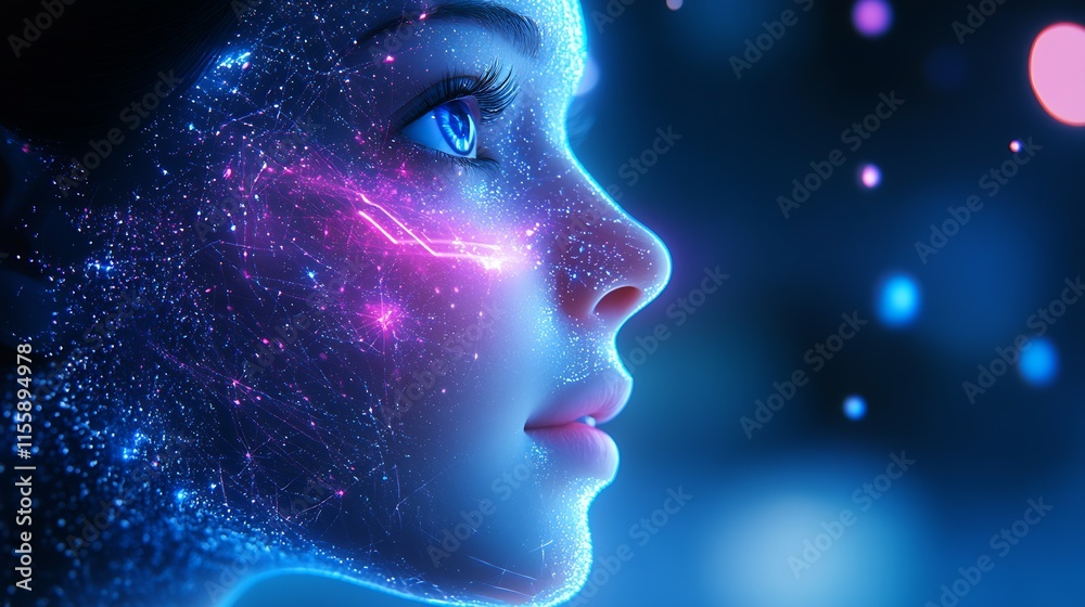 Poster Futuristic Profile Portrait with Digital Neon Face Elements : Generative AI