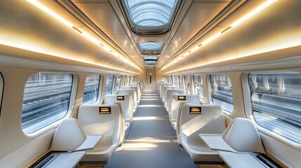 Modern train interior showcasing sleek design, abundant natural