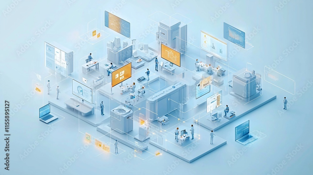 Poster isometric illustration of a connected digital workplace with people collaborating and data flowing.