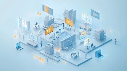 Obraz premium Isometric illustration of a connected digital workplace with people collaborating and data flowing.