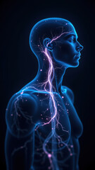 Illustration of a human head with highlighted Vagus Nerve Stimulation (VNS) pathway.