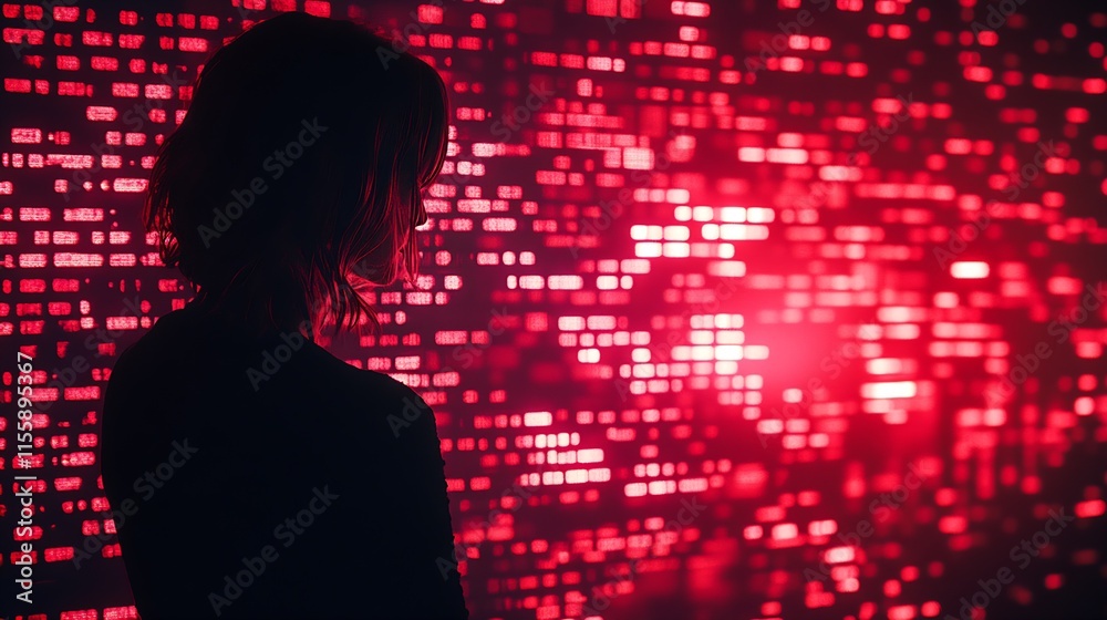 Poster silhouette of individual before vibrant red cyberspace light display : generative ai