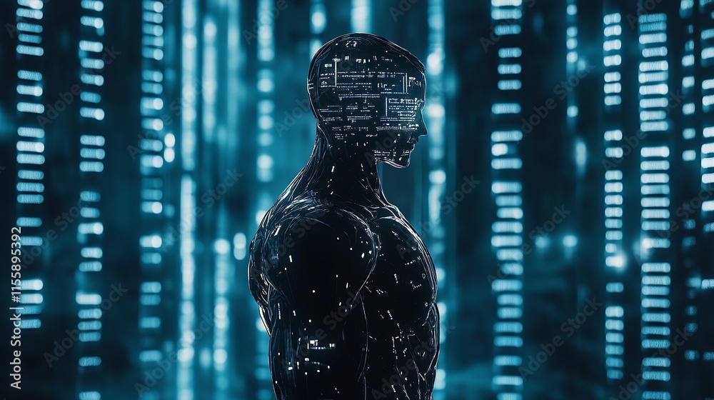Poster Side Profile of Cybernetic Figure Immersed in Digital Data Environment : Generative AI