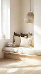 Gemütliche Leseecke mit eingebauter Bank und minimalistischer Dekoration aus Bast, Leinenstoffen und Kissen - Urlaubsfeeling