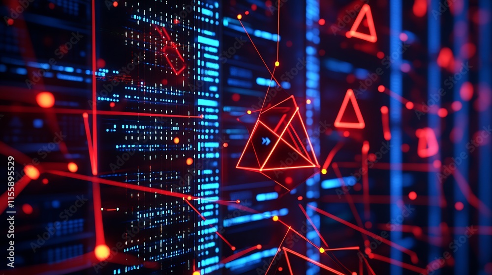 Poster Futuristic cybersecurity concept with digital geometric shapes on server network : Generative AI