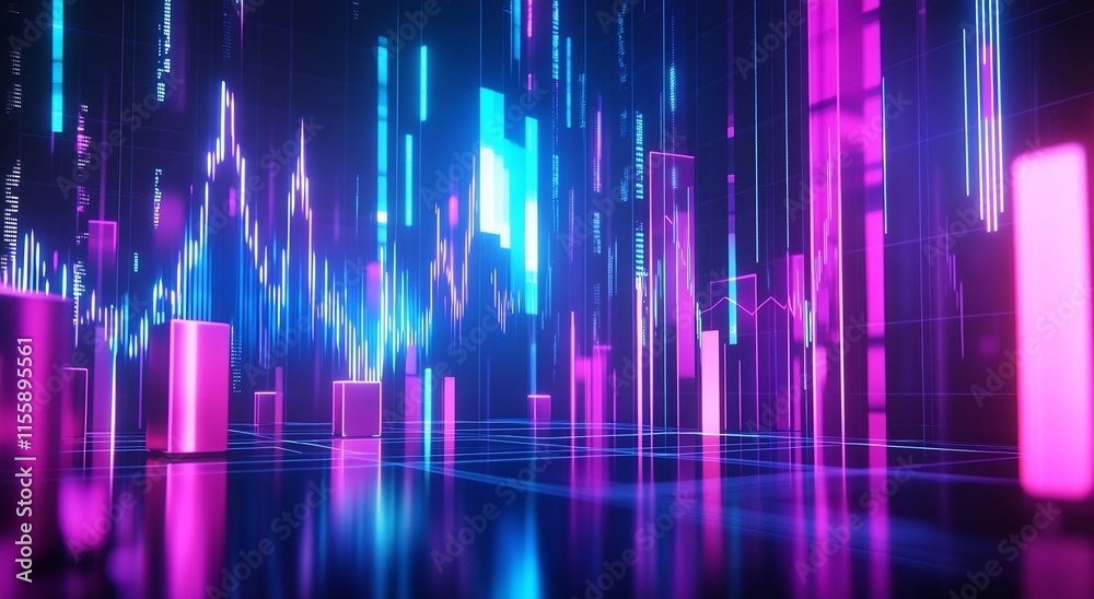 Aufkleber Abstract Pink and Blue Data Visualization with Rising Bars in Financial Tech Context : Generative AI