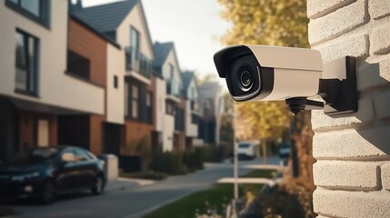 Residential surveillance camera in suburban neighborhood sunny day : Generative AI