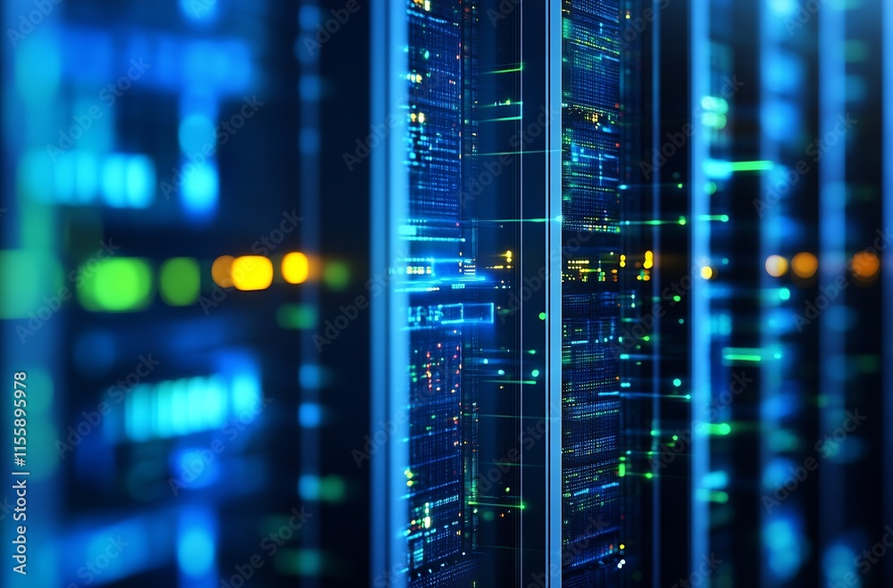 Aufkleber Advanced Server Room with Vibrant Data Processing Technology : Generative AI