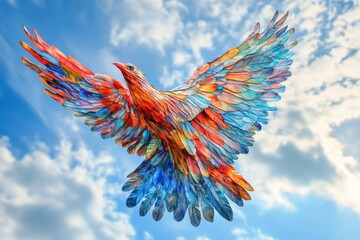 Obraz premium Colorful bird spreads vibrant wings against a bright sky with clouds in the background