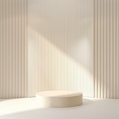 Minimalist stage design featuring circular pedestal white vertical blinds creating sense simplicity elegance