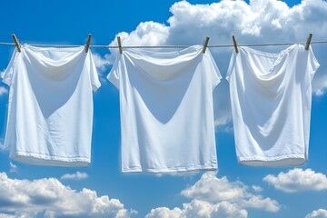 Pristine White Shirts Drying on a Clothesline Against a Clear Blue Sky : Generative AI