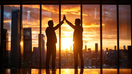 Fototapeta premium Teammates High Five Silhouette Against City Skyline