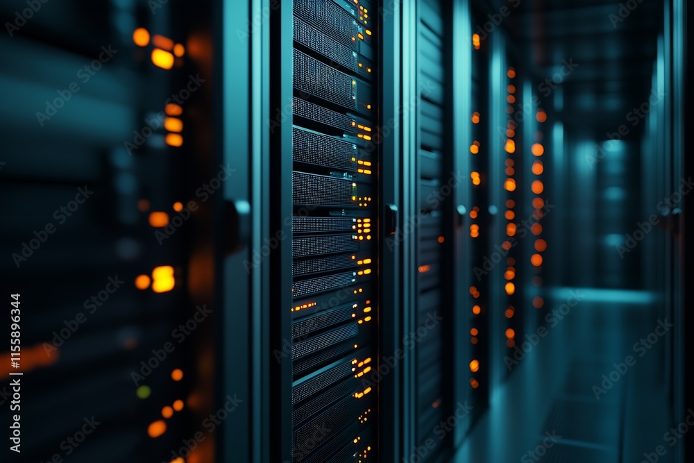 Aufkleber Advanced Server Racks in a Secure Data Center with Dimming Lights : Generative AI