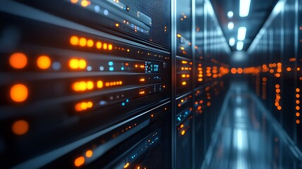 Naklejka premium Corporate server room with high-tech data storage units and orange indicators : Generative AI