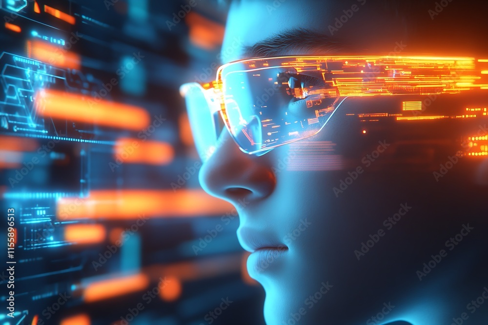 Aufkleber Youngster exploring virtual reality through advanced augmented reality glasses in a digital space : Generative AI
