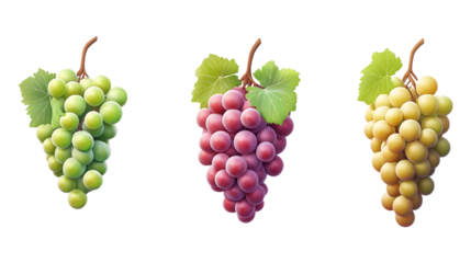 Vintage illustration of grapes, three colors of red, white, and green grapes on a vine, isolated on a transparent background.